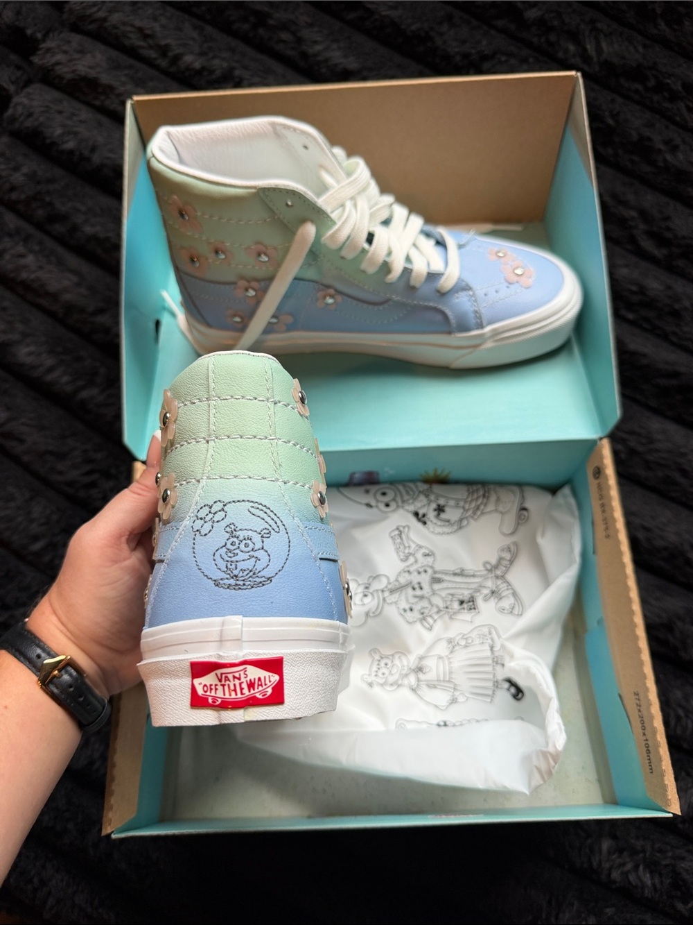 Vans Kids High-Top Sneakers in Pastel Blue & Mint with Floral Accents
